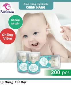 Tăm Bông Sơ Sinh Kichilachi Màu Xanh Thân Giấy, Bông Ngoáy Tai Trẻ Em Hộp 200 Que