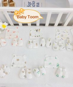 Set mũ, bao tay chân sơ sinh cotton họa tiết thú (vải trắng)